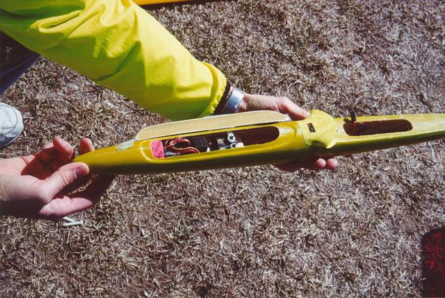 Fuselage pod showing servo installation and radio gear, along with Wing saddle, spoiler extension and switch.